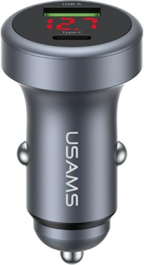 Încărcător auto USAMS din aluminiu 45 W USB-A + USB-C cu LED