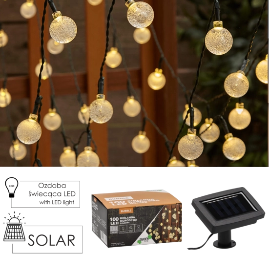 Șir luminos solar de grădină BUBBLE 100 LED, alb cald, 11,9 m