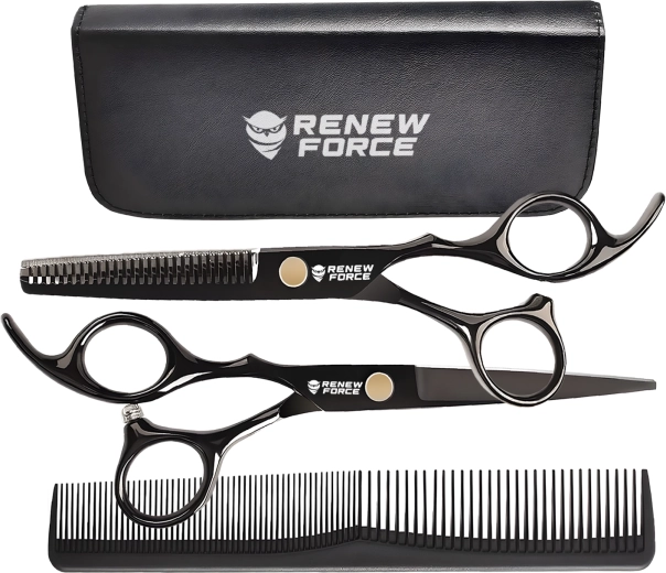 Set profesional de foarfeci de coafură Renew Force cu foarfeci de filat, pieptene și etui