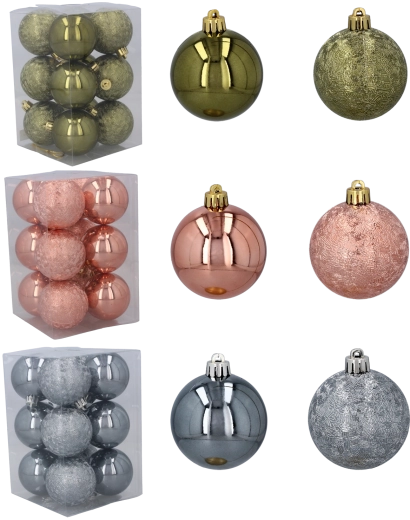Set de globuri de Crăciun din plastic 6 cm – olive, cupru și grafit, 12 buc.