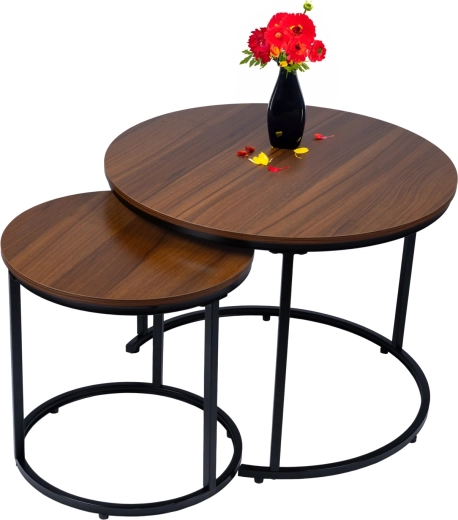 Set modern 2-în-1 de măsuțe rotunde de cafea în stil loft/industrial, nuc