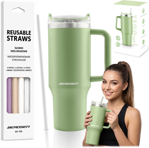 Termocană vacuum Berdsen cu pai 1180 ml verde - 1 bucată