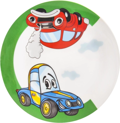 Farfurie pentru copii, plată, din porțelan, cu motiv auto, 21 cm