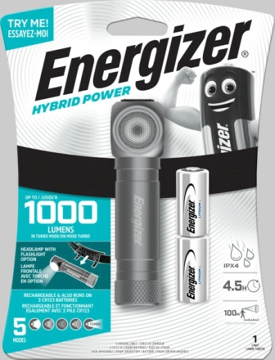 Energizer lanternă frontală LED hibridă pentru utilizare manuală și hands‑free, 1000 lm