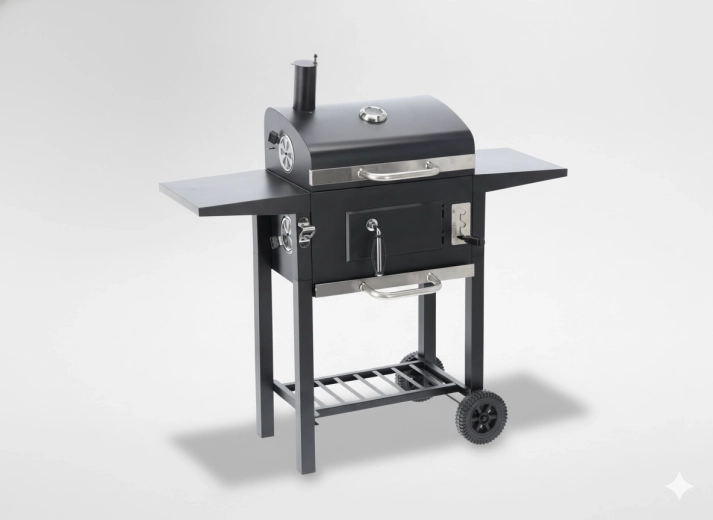 Grătar de grădină cu cărbuni Inferno cu capac, termometru și roți