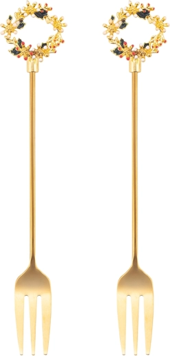 Set de 2 furculițe pentru desert cu vârf decorat în formă de coroniță de Crăciun, aurii