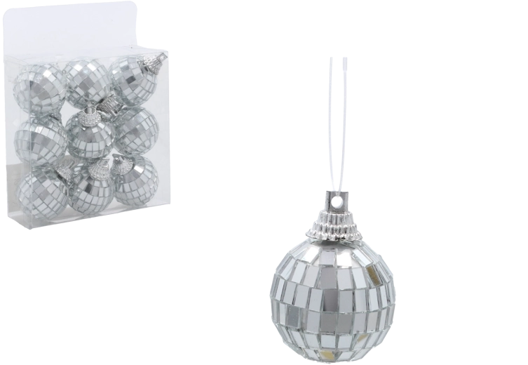 Set de globuri argintii tip disco de Crăciun 3 cm – 9 buc