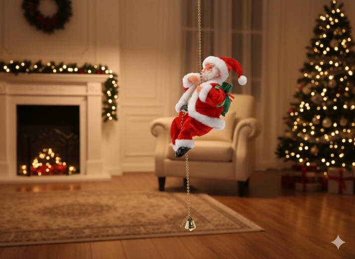 Moș Crăciun cățărător de Crăciun pe lanț auriu cu clopoțel 20,5 cm