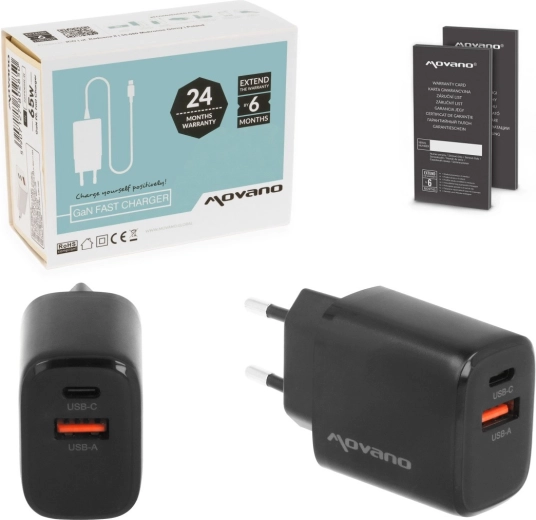 Încărcător de rețea Movano GaN 30 W (USB‑C PD + USB‑A), negru
