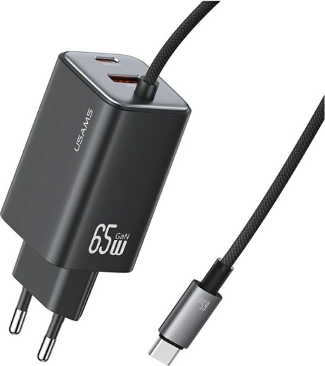 Încărcător de rețea USAMS seria JC GaN 65 W cu cablu USB‑C integrat (2× USB‑C, 1× USB‑A), negru
