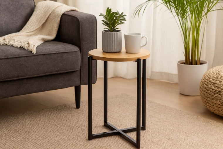 Măsuță rotundă de tip auxiliar cu bază metalică 29 × 42 cm