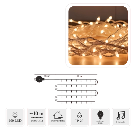 Șir luminos LED cu melodii USB, 100 lumini, multicolor, 10 m