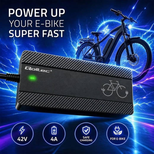 Încărcător pentru bicicletă electrică Qoltec 36 V, 42 V, 4 A cu conector Bosch și cablu de alimentare