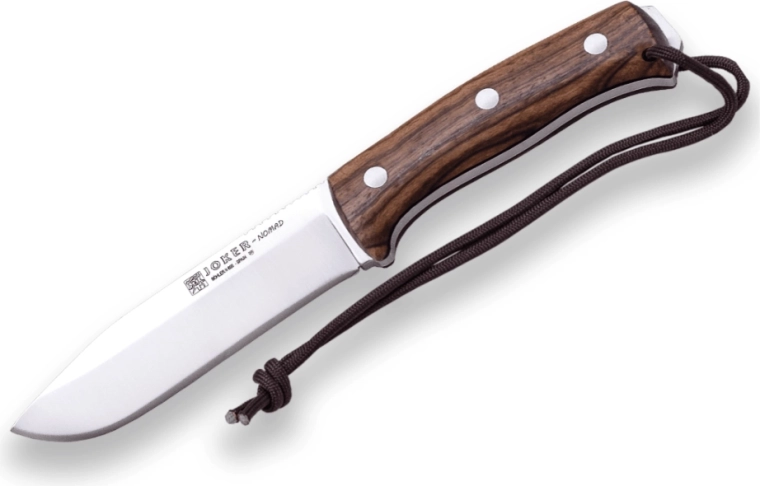 Joker Nomad cuțit bushcraft cu lamă fixă 12,7 cm, lemn de nuc, teacă din piele și amnar