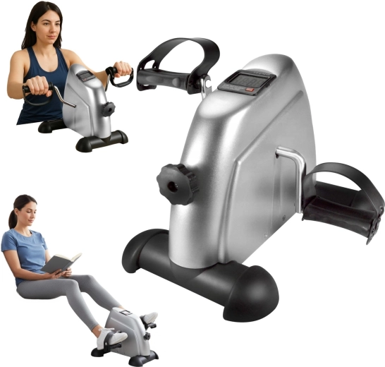 Bicicletă de recuperare compactă mini 2în1 cu rezistență și LCD, argintie
