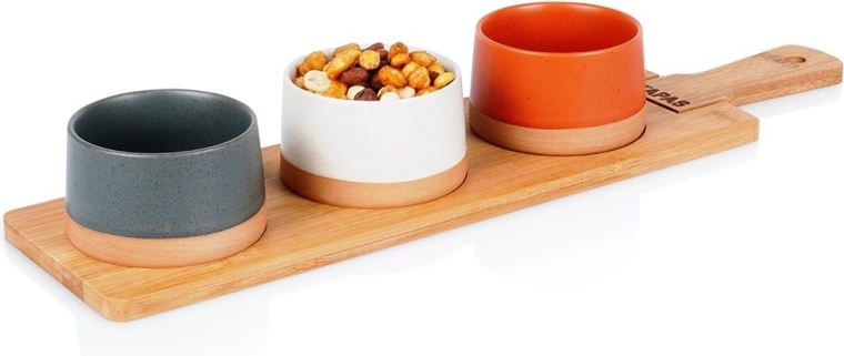 Set de boluri ceramice pentru tapas cu platou din bambus 48 cm, 4 piese