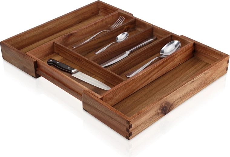 Suport extensibil din lemn pentru tacâmuri, pentru sertar, din lemn de acacia 28–45 × 34 cm