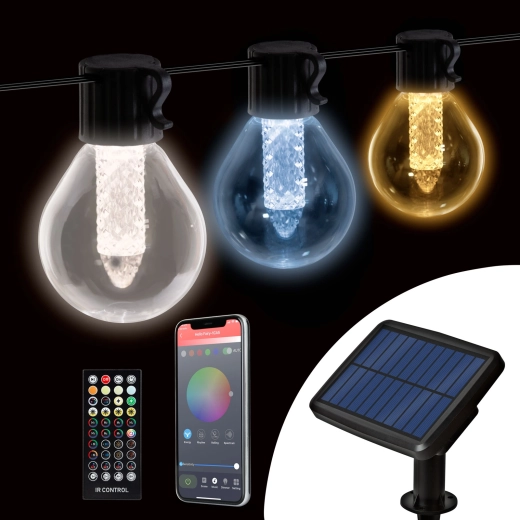 Ghirlandă luminoasă solară inteligentă cu 15 becuri LED albe, Bluetooth și temperatură reglabilă a luminii