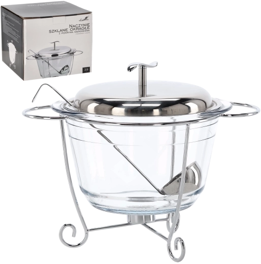 Bol de sticlă cu încălzire 3,9 l cu capac din inox, suport și polonic