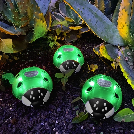 Lumină LED solară în formă de buburuză verde, cu 6 LED-uri alb cald
