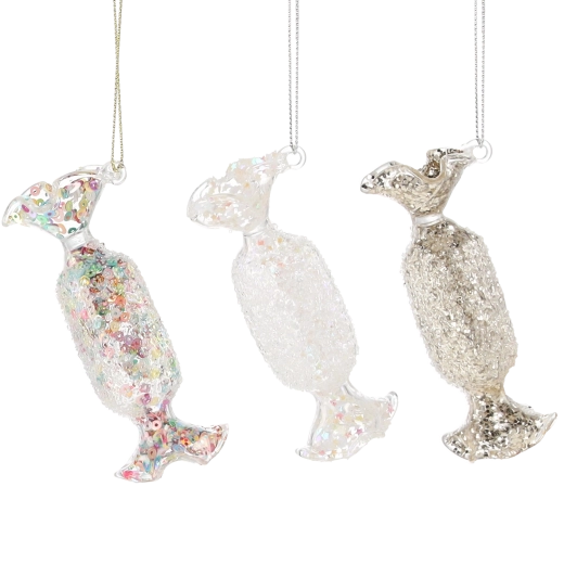 Glob de Crăciun din sticlă în formă de bomboană, transparent, 3,8 × 9,3 cm, set 6 buc