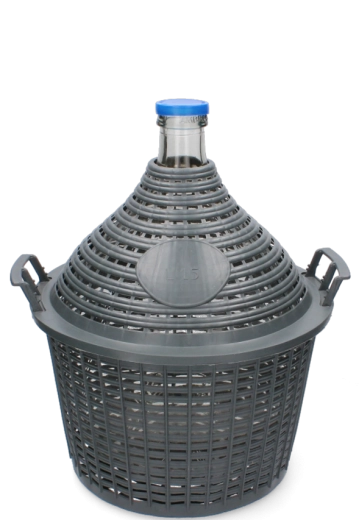 Damigeană de sticlă 15 l cu gât îngust în coș de plastic