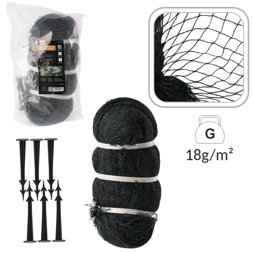 Plasă de protecție împotriva păsărilor 5 × 10 m, 18 g/m² + 10 țăruși din plastic