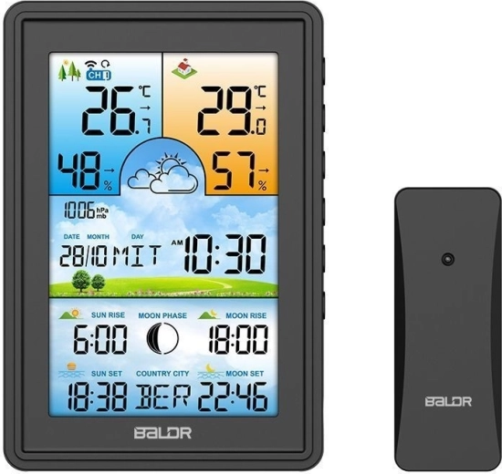 Stație meteo wireless cu termometru, higrometru, ceas cu alarmă și fazele lunii – neagră