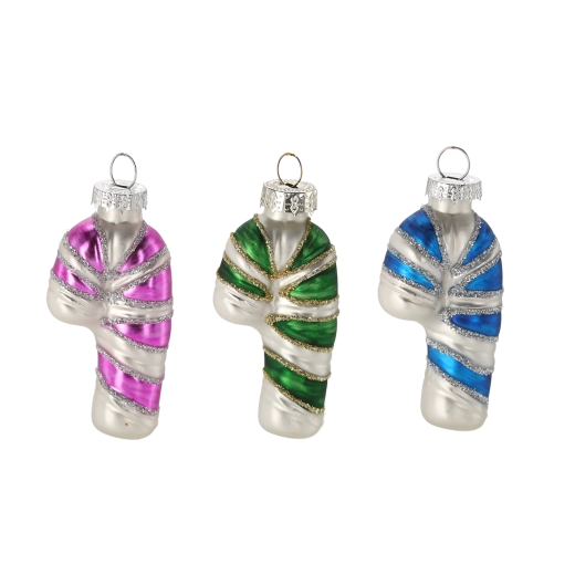 Glob de Crăciun din sticlă în formă de baston de zahăr – mix de culori, 12 buc