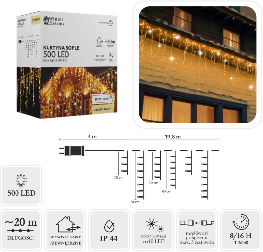 Draperie luminoasă LED cu țurțuri, 500 LED-uri, lumină albă caldă cu efect flash alb rece, 20 m