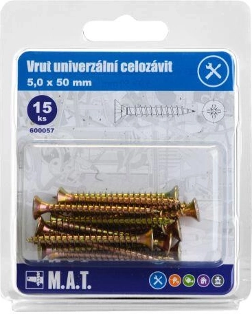 Șurub universal cu filet complet 5 × 50 mm, zincat, 15 buc