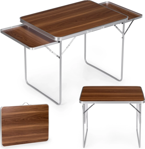 Masă pliantă de camping Multigarden 120 × 60 cm cu 2 rafturi laterale, maro