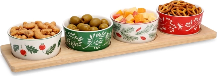 Boluri din porțelan pentru aperitive pe tavă din bambus, set de 5 piese