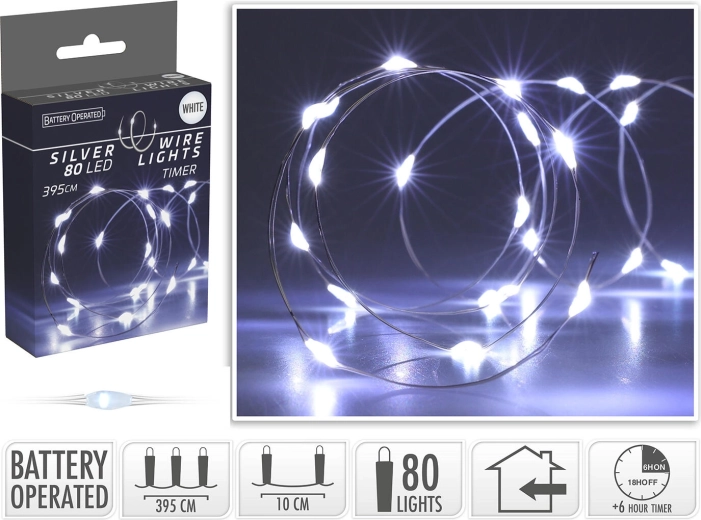 Ghirlandă luminoasă LED de Crăciun 3,95 m, 80 LED, alb rece, pe baterii cu temporizator - 1 bucată