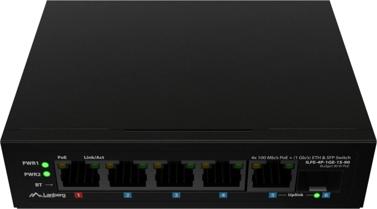 Switch PoE industrial ușor Lanberg pe șină DIN 4× Fast Ethernet + 1× uplink Gigabit + 1× SFP (PoE++ 90 W)