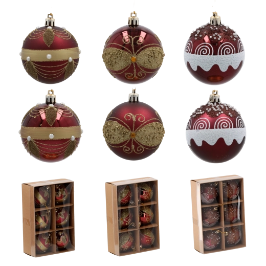 Set ornamente de Crăciun burgund 7 cm – 6 buc., indestructibile, cu perle și detalii aurii