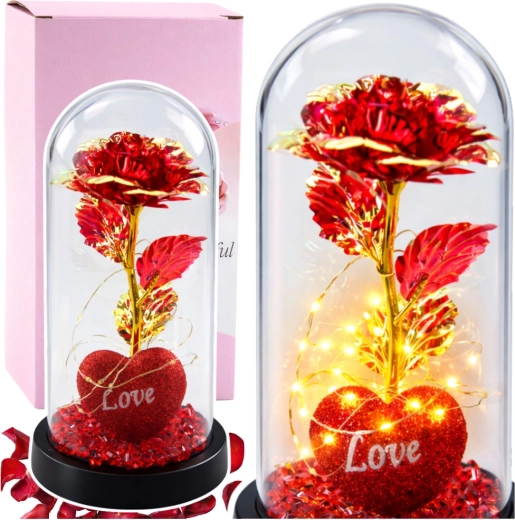 Trandafir etern din cristal sub cupolă cu iluminare LED – Roșu cu inimioară