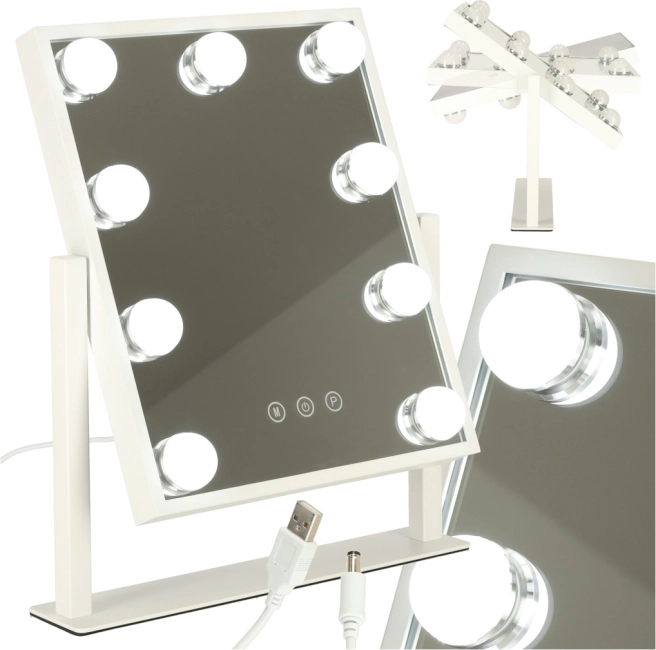 Oglindă cosmetică pentru machiaj cu iluminare LED, 9 becuri, USB, 25 × 30 cm