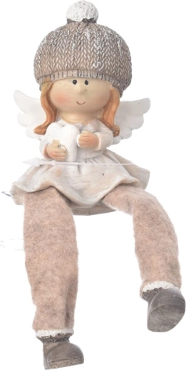 Îngeraș așezat din polystone, cu căciuliță, bej, 10 cm