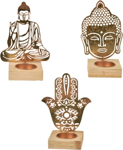 Suport de lumânare Buddha din lemn și metal, în culoare aurie