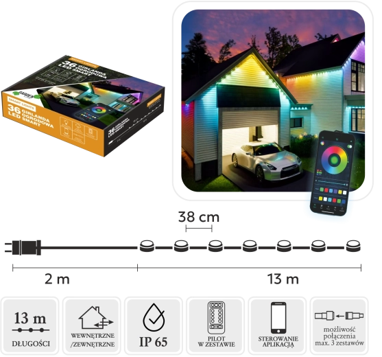Ghirlandă LED inteligentă 36 RGB, multicolor, 15 m, IP65, pentru interior și exterior