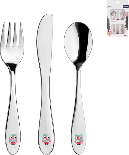 Tacâm din inox pentru copii cu motiv bufniță, 3 piese