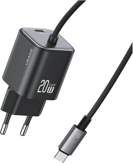 Încărcător de rețea mini USAMS seria JC GaN 20 W cu cablu USB‑C integrat (2× USB‑C), negru