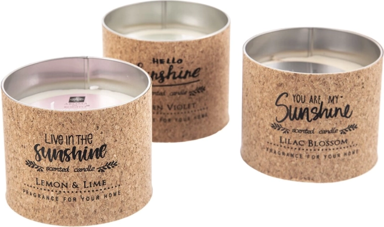 Lumânare parfumată decorativă în cutie metalică cu dop de plută 350 g (3 variante)