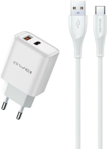 Încărcător de rețea GaN 22,5 W cu USB și USB‑C + cablu USB/USB‑C