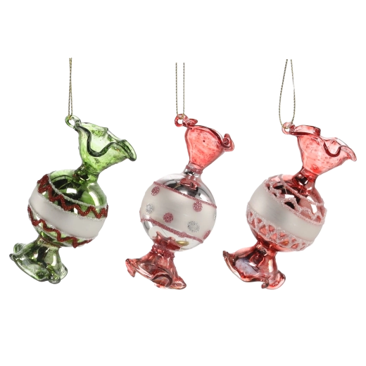 Ornamente de Crăciun din sticlă în formă de bomboane, set 6 buc