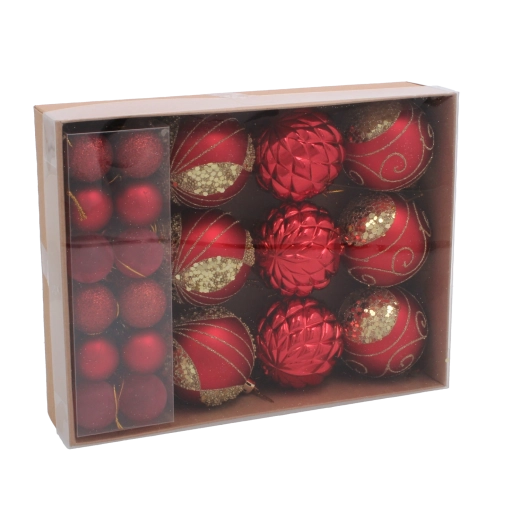 Set de 33 ornamente de Crăciun în roșu, argintiu și auriu