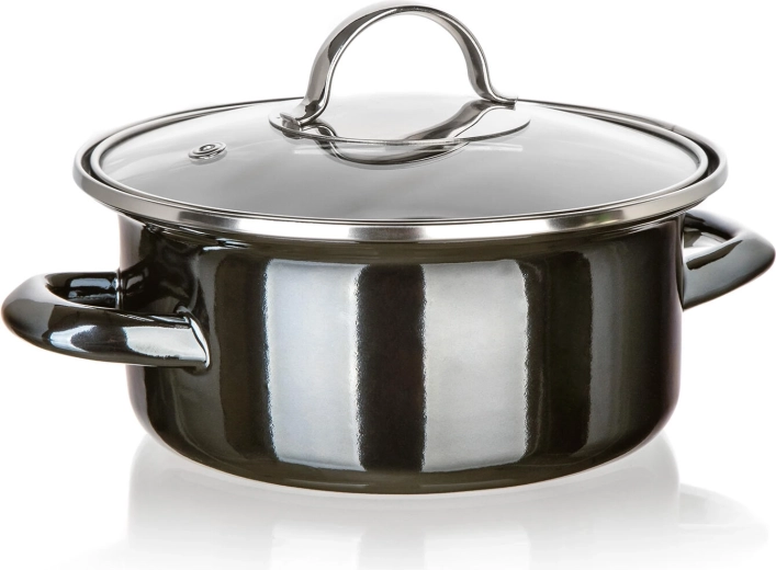 Oală emailată cu capac din sticlă 18 cm Metallic Black, 1,3 l