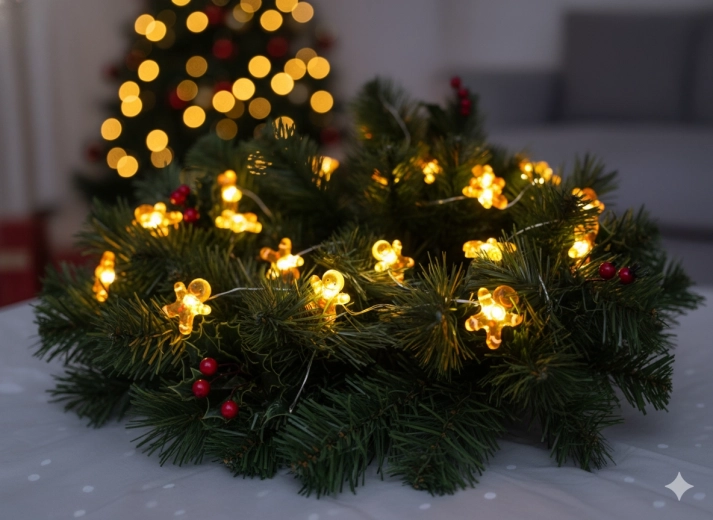 Șir luminos LED cu omuleți din turtă dulce, 20 LED-uri, pe baterii