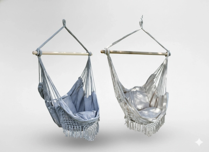 Fotoliu brazilian suspendat boho cu perne, 130 × 100 cm, bej‑gri